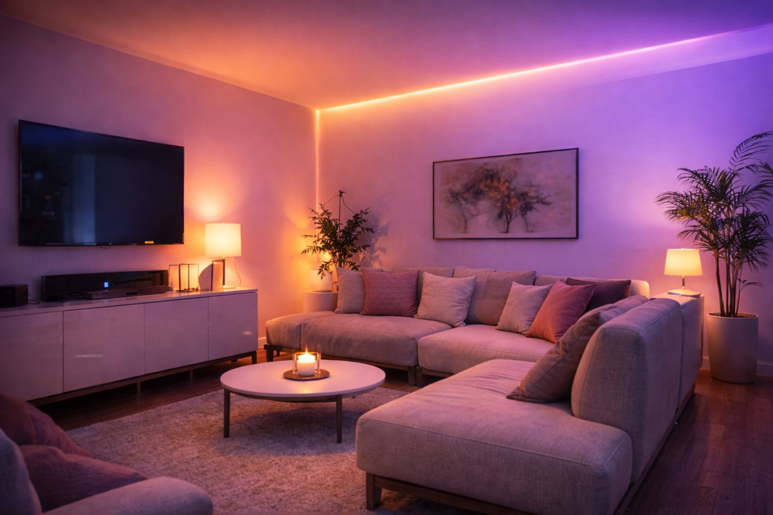 Salon moderne avec éclairage intelligent coloré en soirée