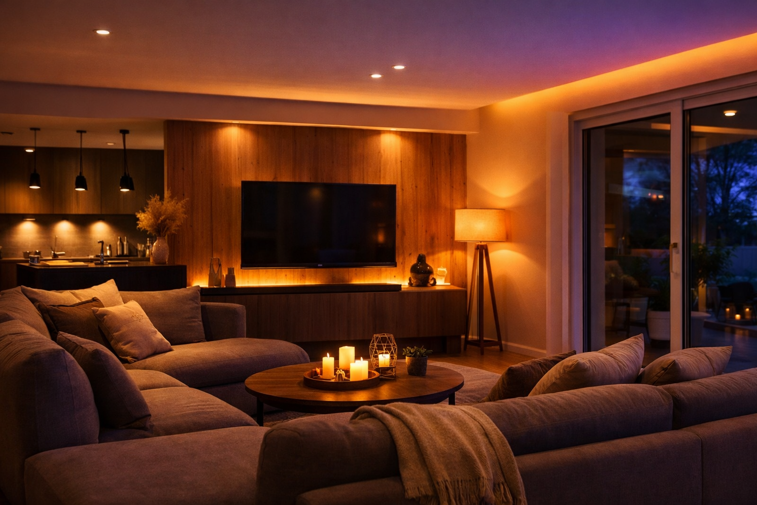 Éclairage intelligent ambiance soirée maison moderne